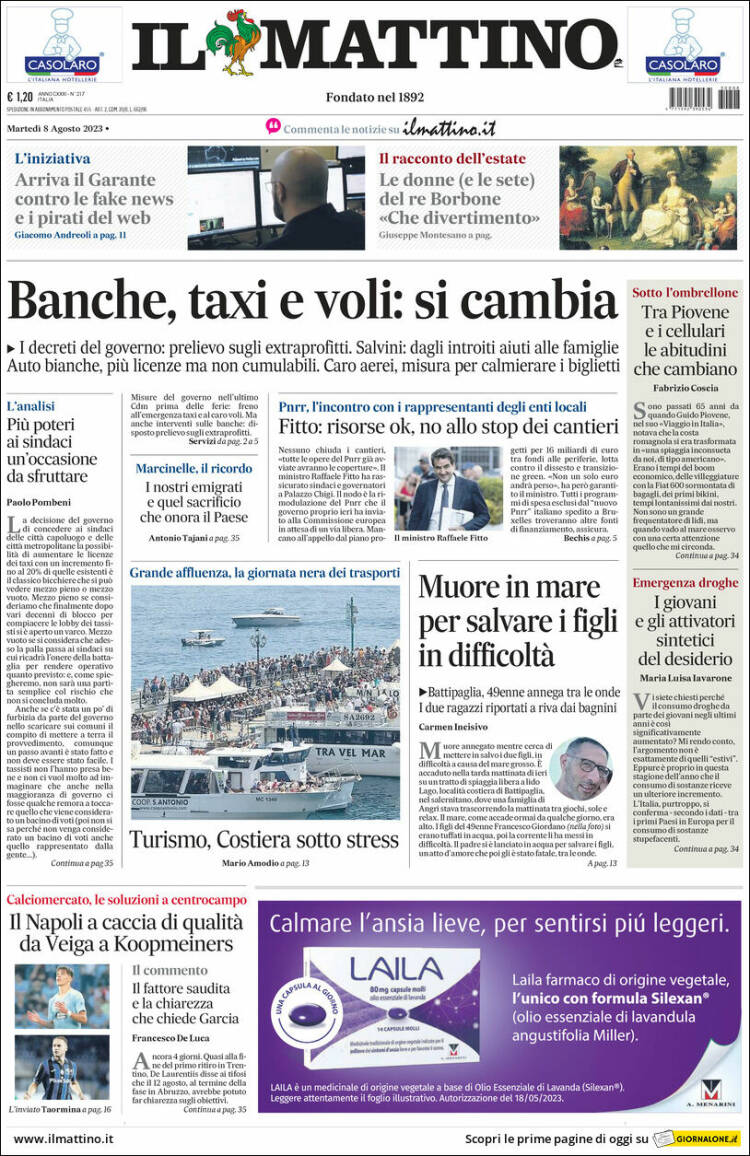 Portada de Il Mattino (Italia)