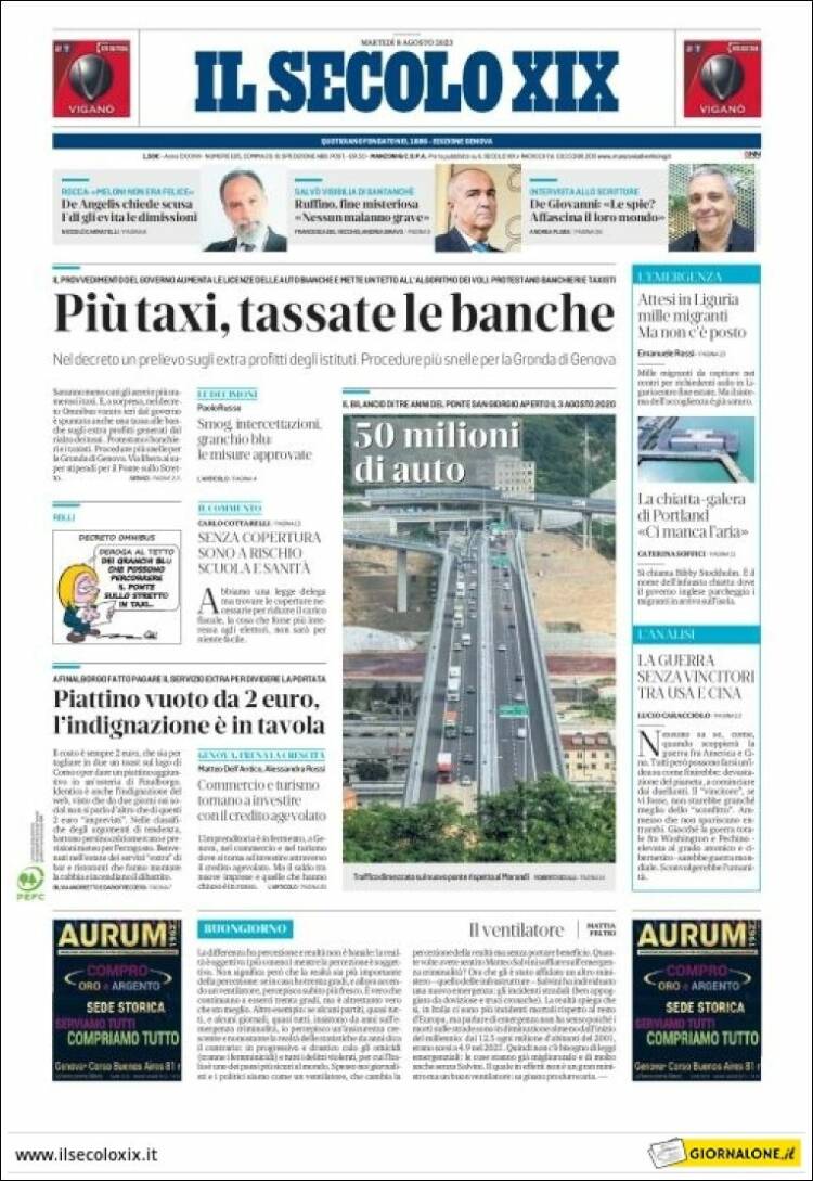 Portada de Il Secolo XIX (Italia)