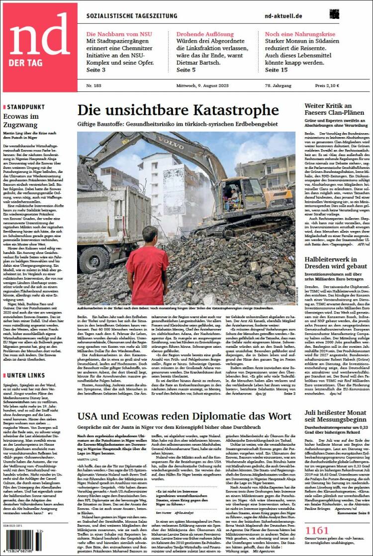 Portada de Neues Deutschland (Alemania)