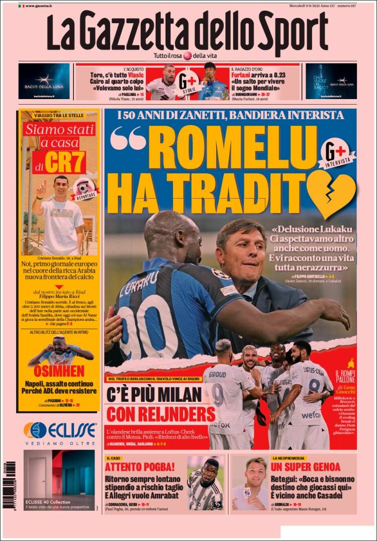 Portada de La Gazzetta dello Sport (Italia)