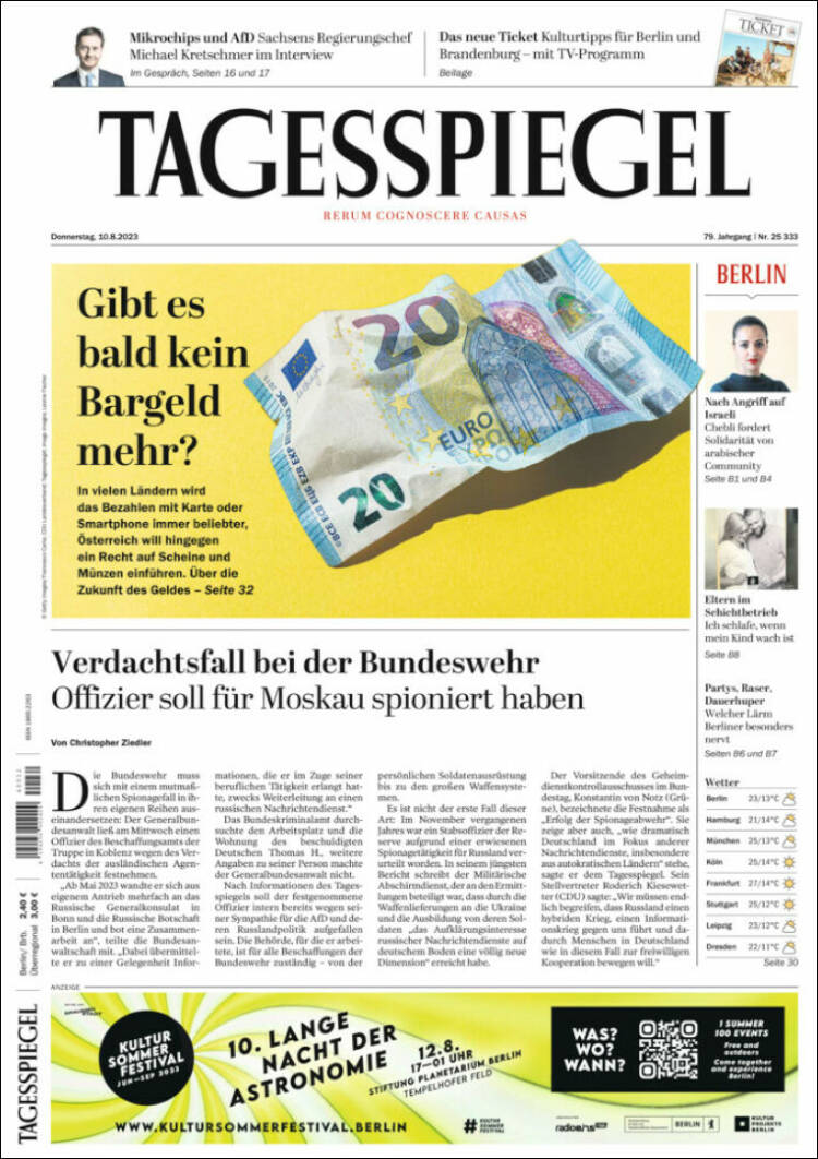 Portada de Der Tagesspiegel (Alemania)