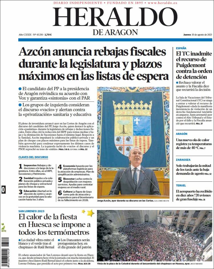 Portada de Heraldo de Aragón (Espa&ntilde;a)