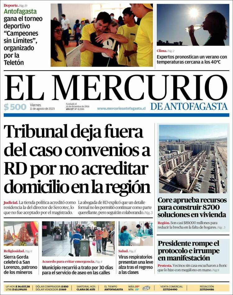 Portada de El Mercurio de Antofagasta (Chile)