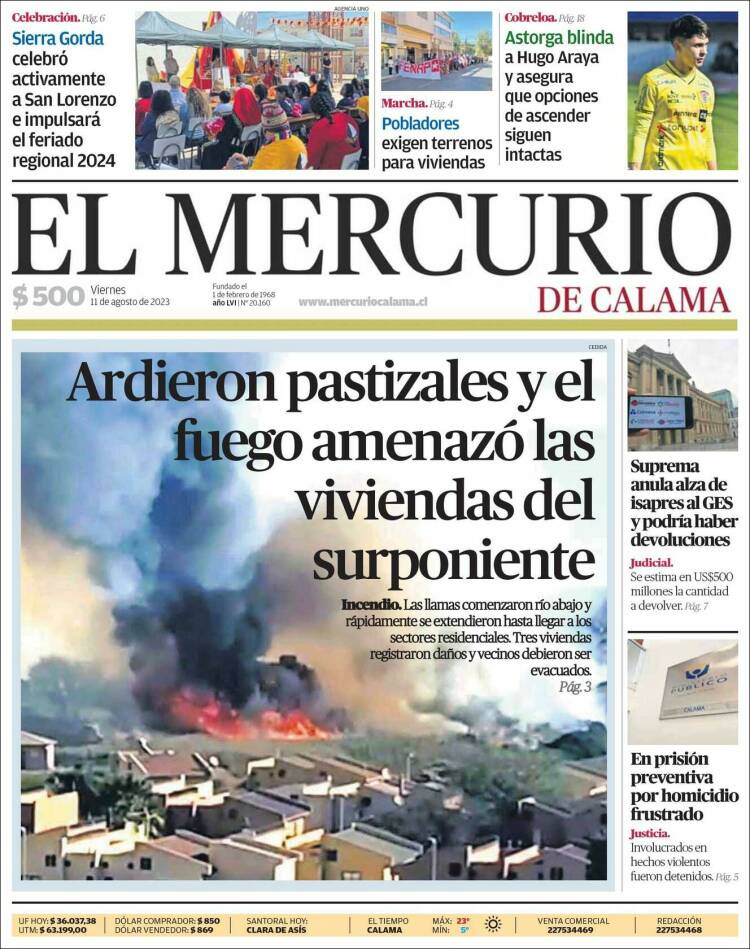 Portada de El Mercurio - Calama (Chile)