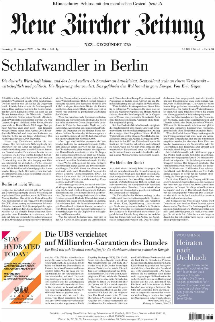 Portada de Neue Zürcher Zeitung (Suiza)