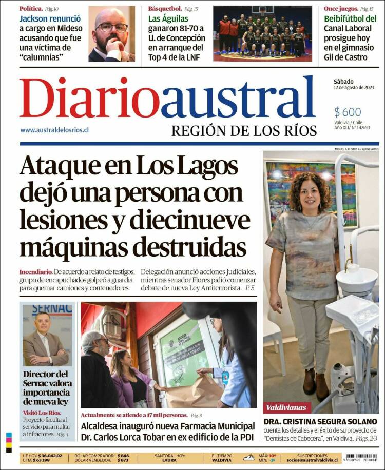 Portada de El Diario Austral de Valdivia (Chile)