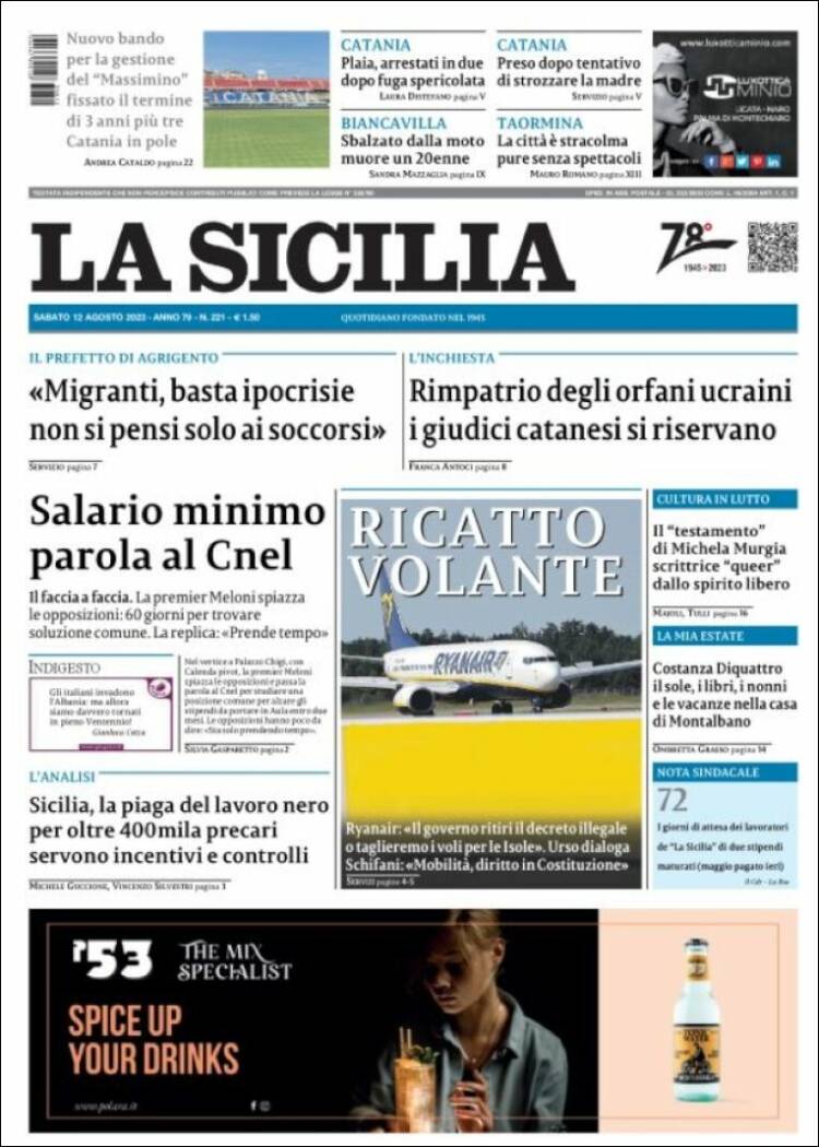 Portada de La Sicilia (Italia)