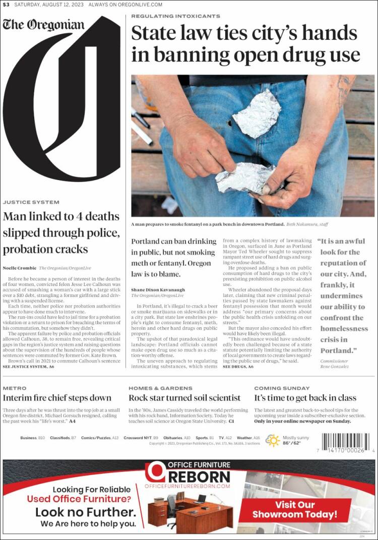 Portada de The Oregonian (USA)