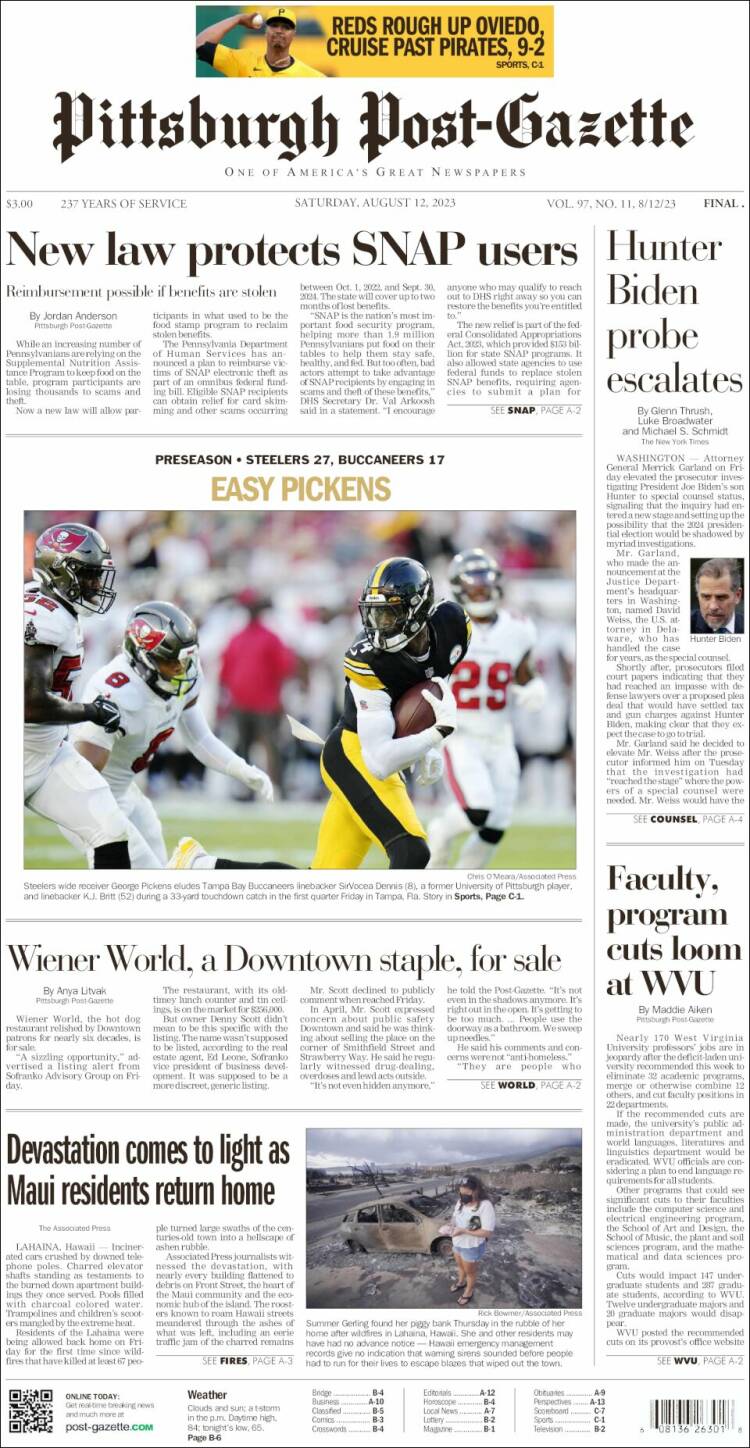 Portada de Pittsburgh Post-Gazette (USA)