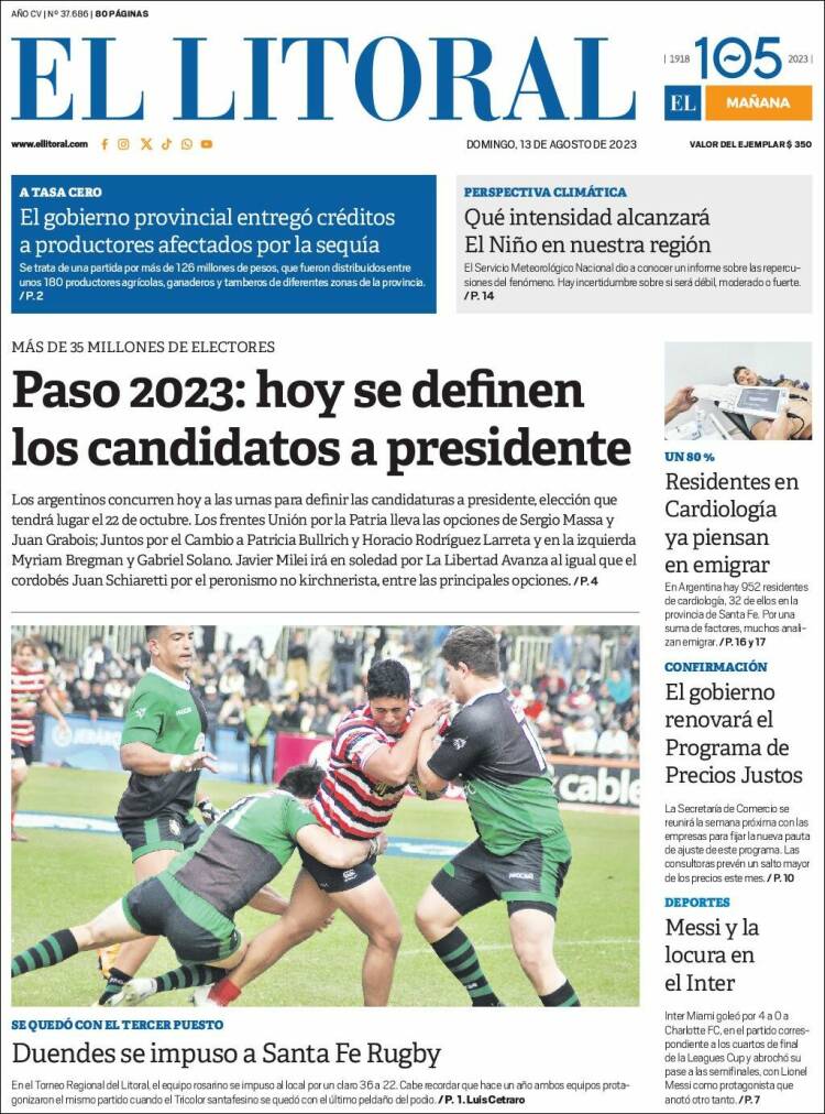 Portada de Diario El Litoral (Argentina)