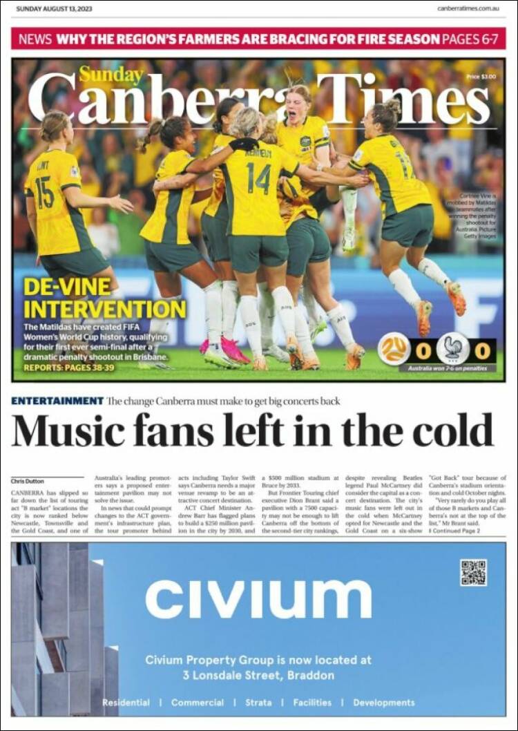 Portada de The Canberra Times (Australia)