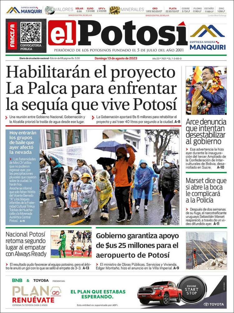 Portada de Diario de Potosí (Bolivia)