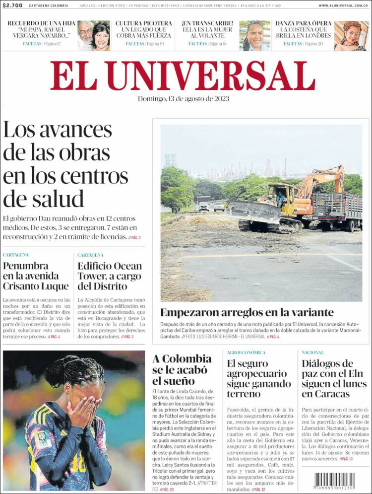 Portada de El Universal (Colombia)