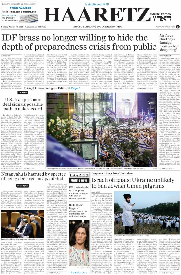Portada de Haaretz (Israel)