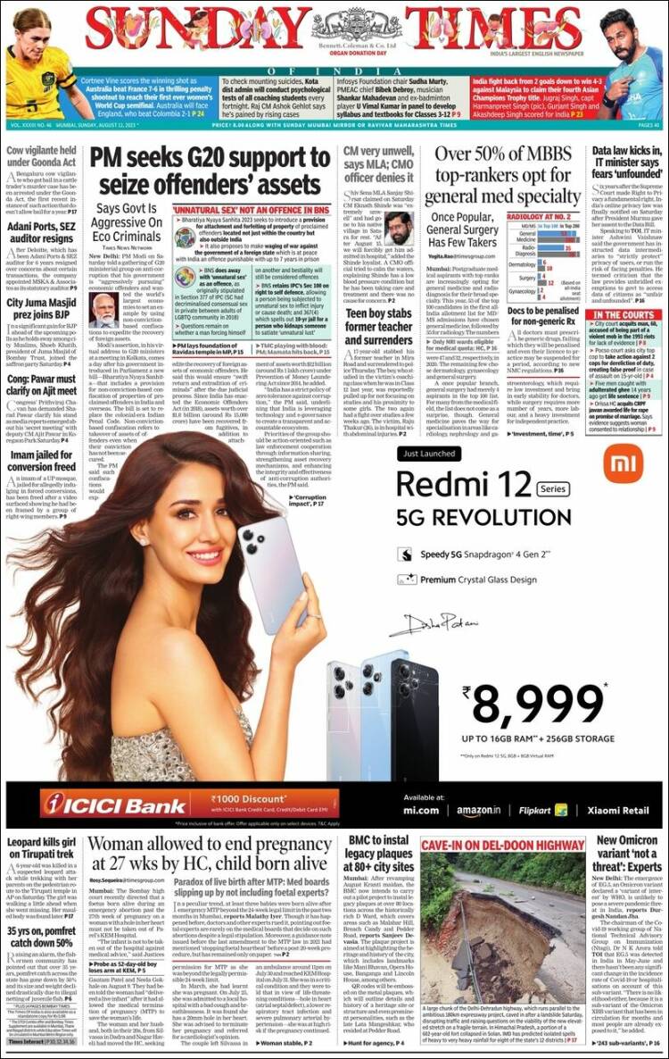 Portada de The Times of India (India)