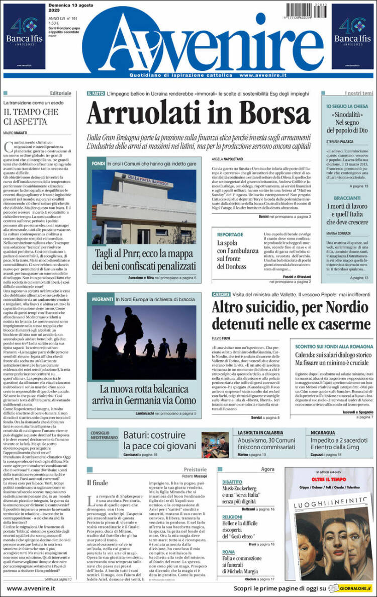 Portada de Avvenire (Italia)