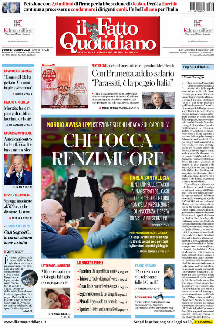 Portada de Il Fatto Quotidiano (Italia)