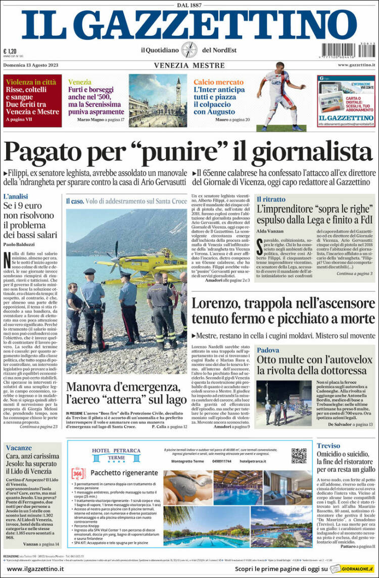Portada de Il Gazzettino (Italia)