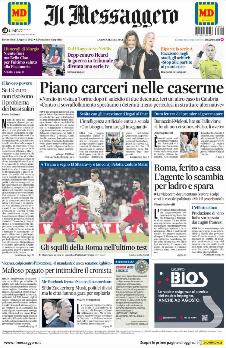 Portada de Il Messaggero (Italia)