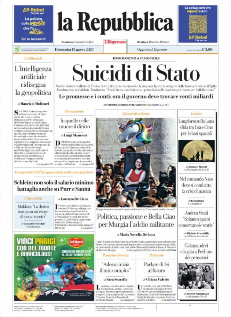 Portada de La Repubblica (Italia)
