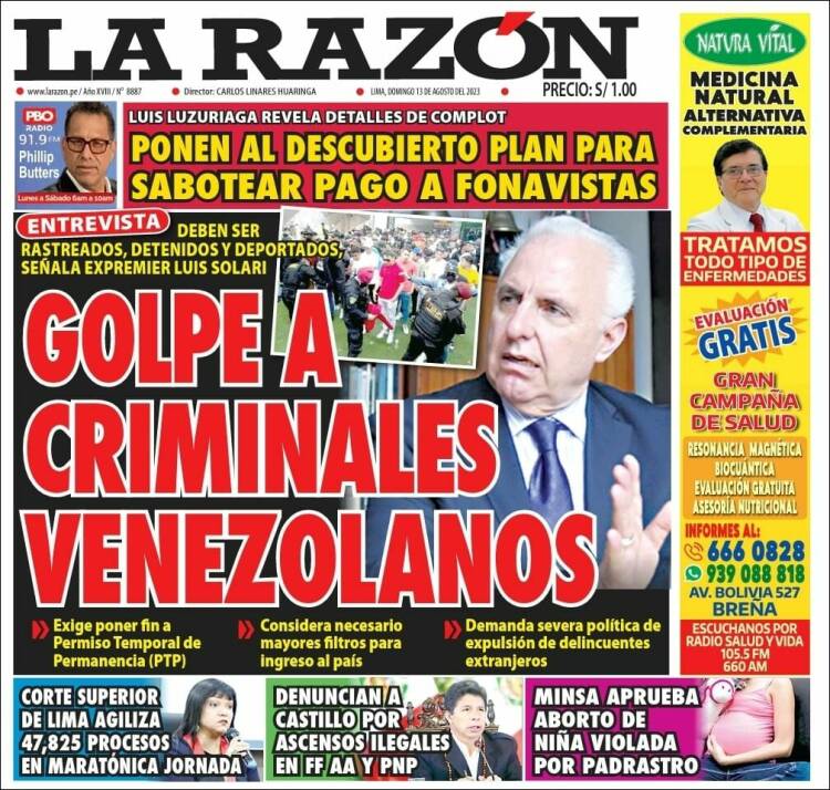 Portada de La Razón (Per&uacute;)