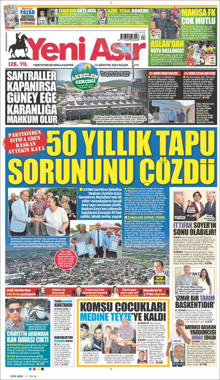 Portada de Yeni Asır (Turqu&iacute;a)
