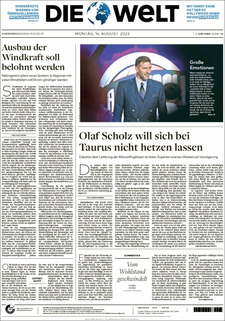 Portada de Die Welt (Alemania)