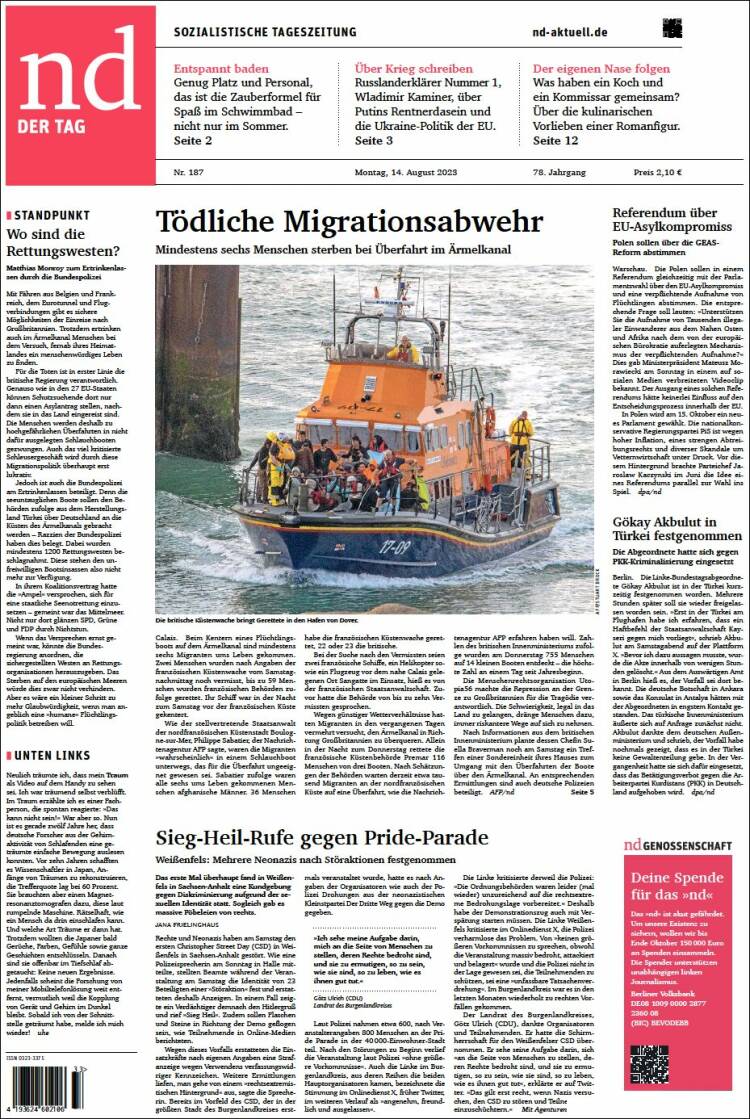 Portada de Neues Deutschland (Alemania)