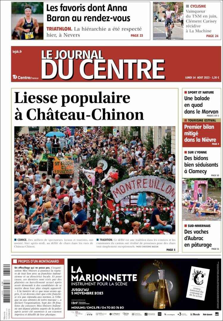 Portada de Le Journal du Centre (Francia)