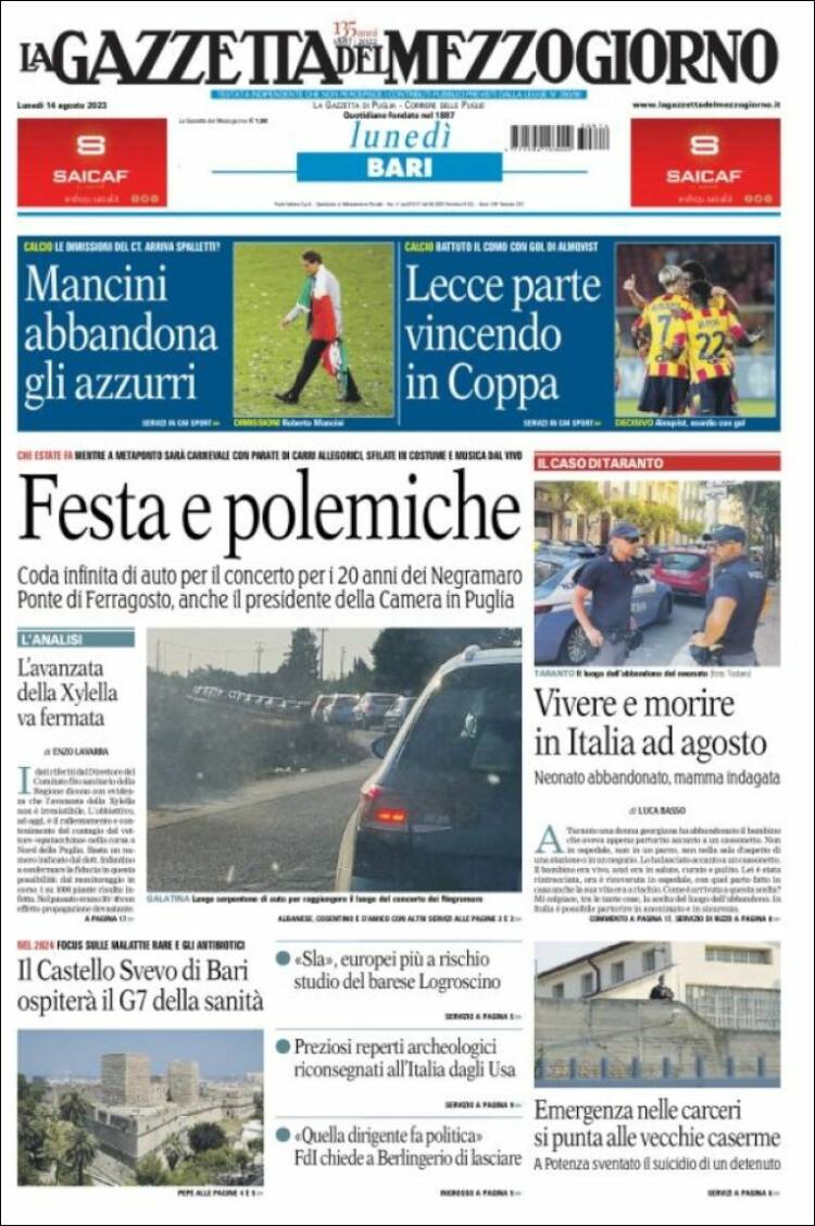Portada de La Gazzetta del Mezzogiorno (Italia)