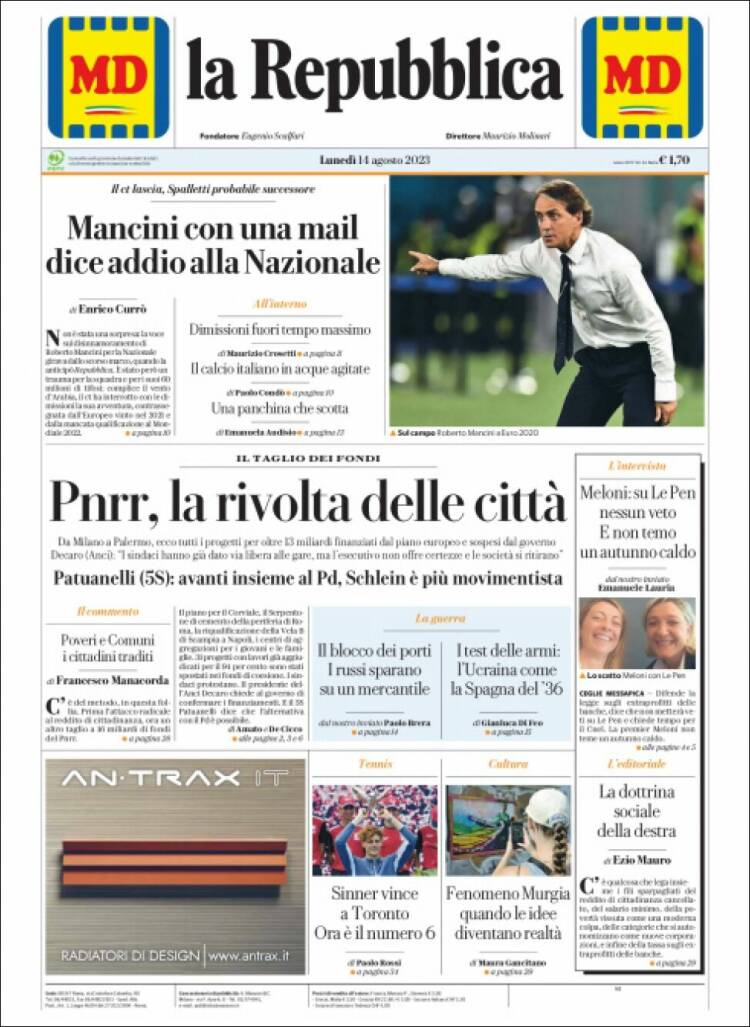 Portada de La Repubblica (Italia)
