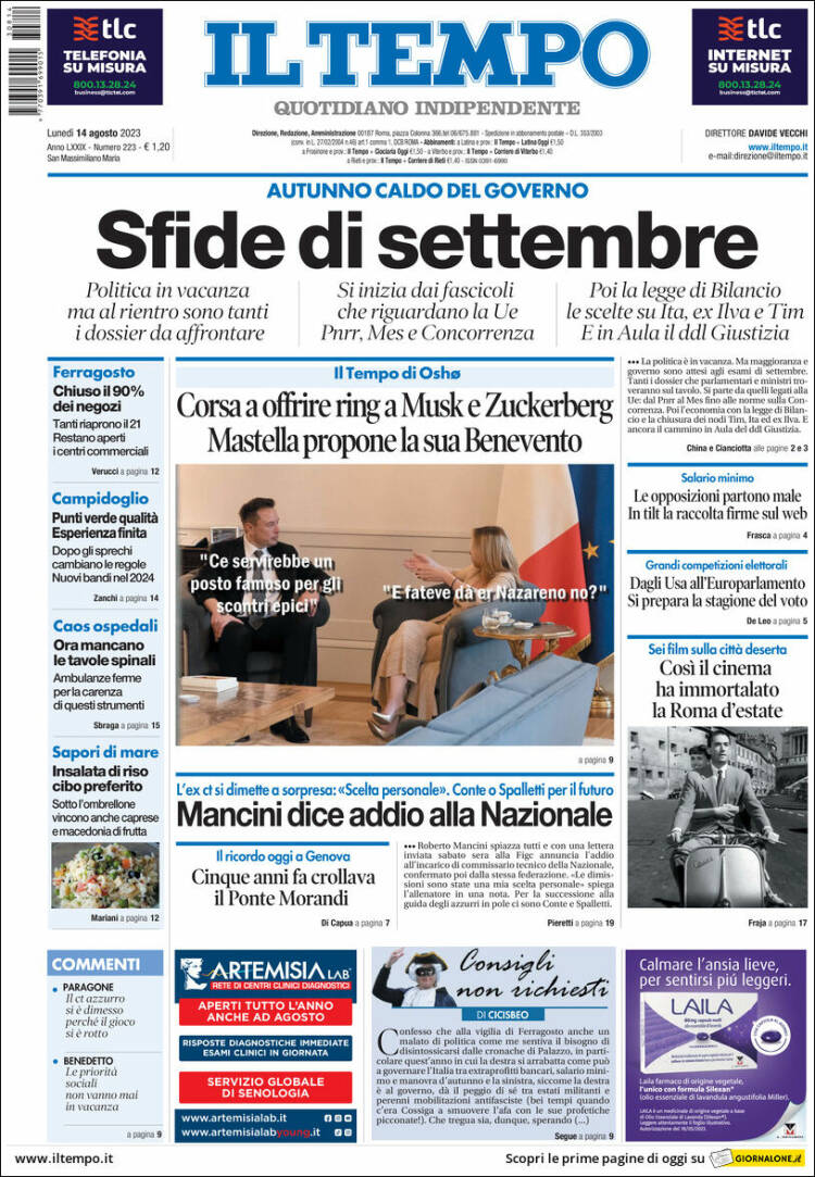Portada de Il Tempo (Italia)