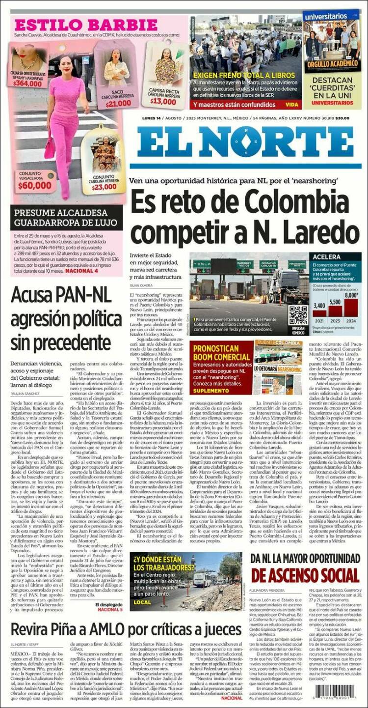 Portada de El Norte (M&eacute;xico)