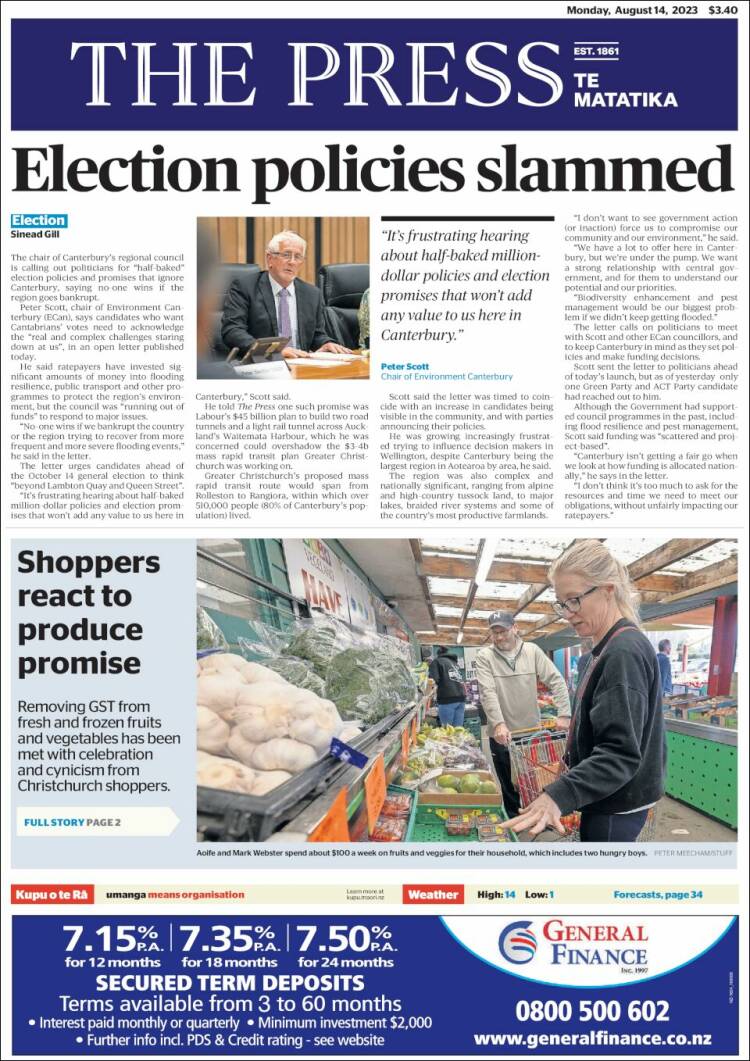 Portada de The Press (Nueva Zelanda)