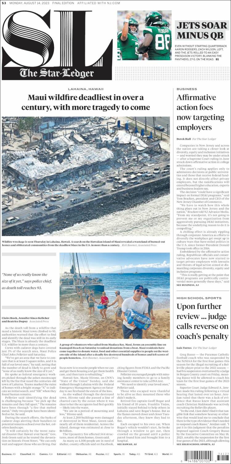 Portada de Star-Ledger (USA)