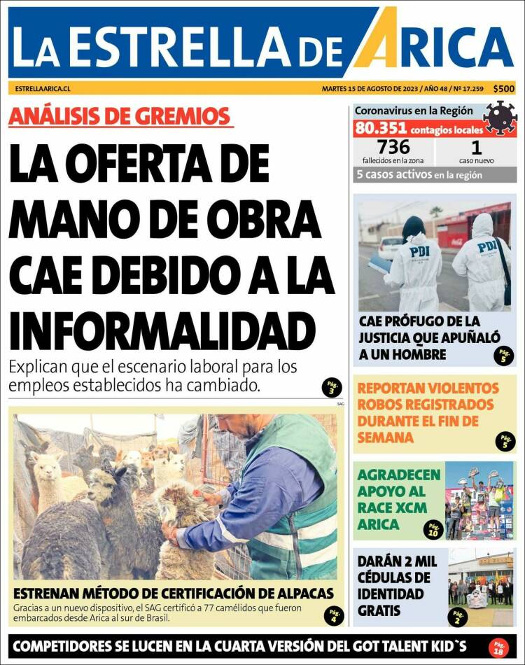 Portada de La Estrella de Arica (Chile)