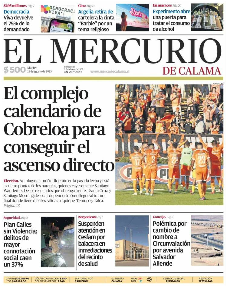 Portada de El Mercurio - Calama (Chile)