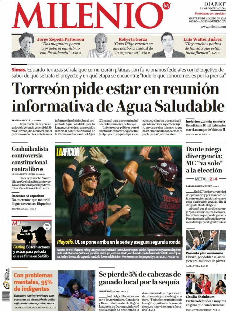 Portada de Milenio - Laguna (México)