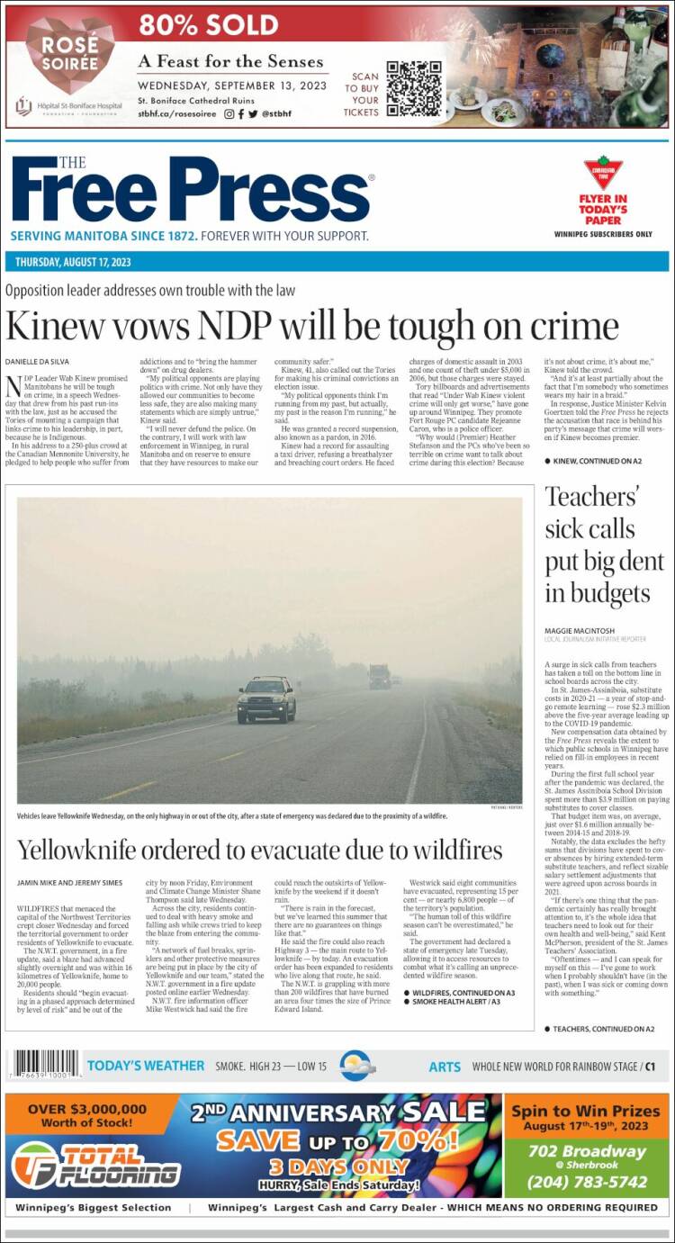 Portada de Winnipeg Free Press (Canadá)