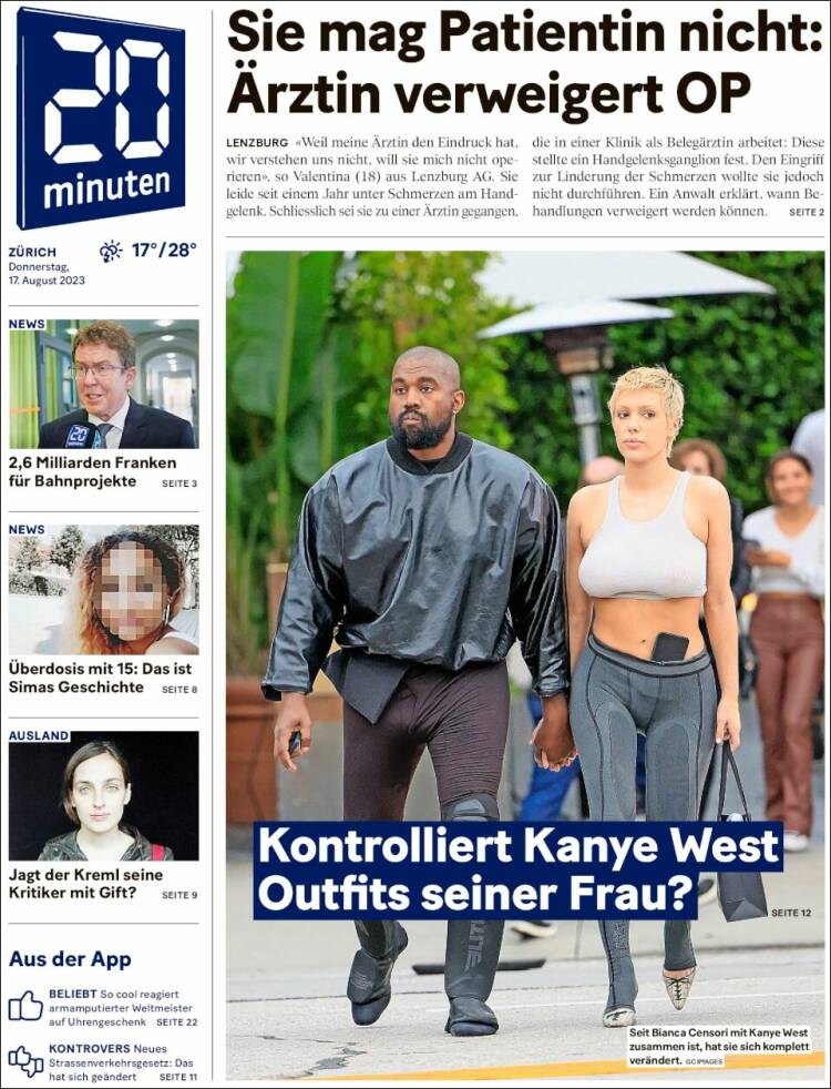 Portada de 20Minuten - Zürich (Suiza)