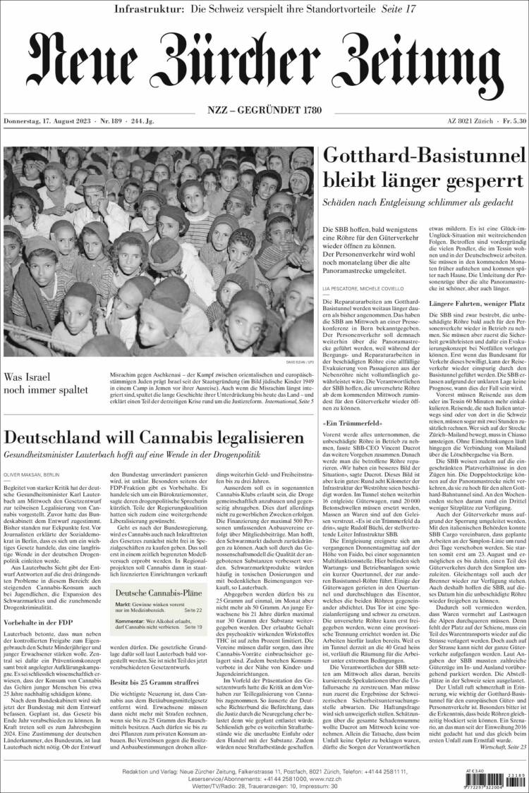 Portada de Neue Zürcher Zeitung (Suiza)