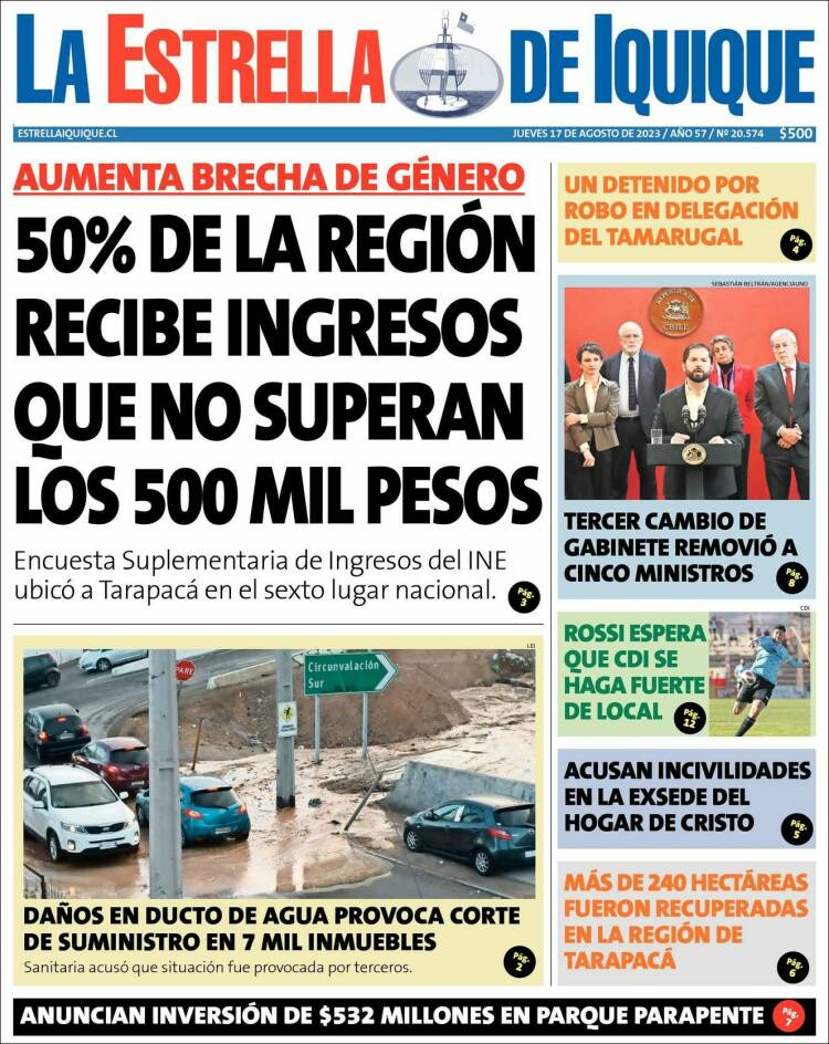 Portada de La Estrella de Iquique (Chile)