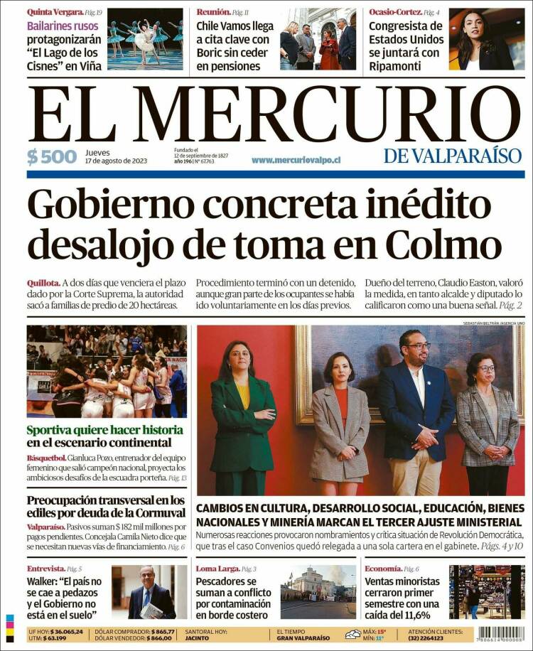 Portada de Mercurio de Valparaiso (Chile)