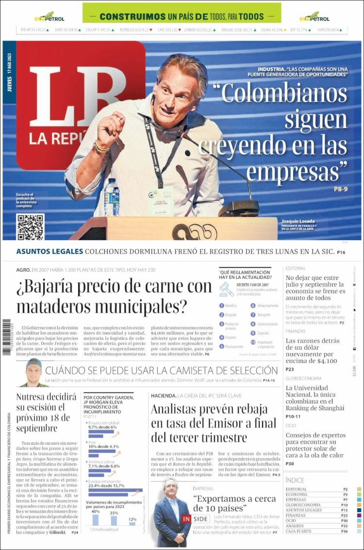 Portada de La Republica (Colombia)
