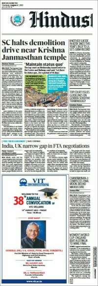 Portada de Hindustan Times (India)
