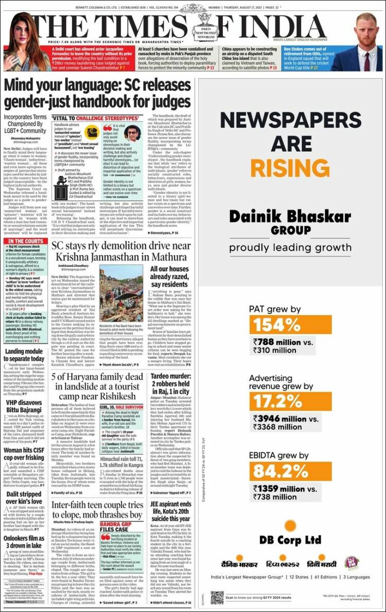 Portada de The Times of India (India)