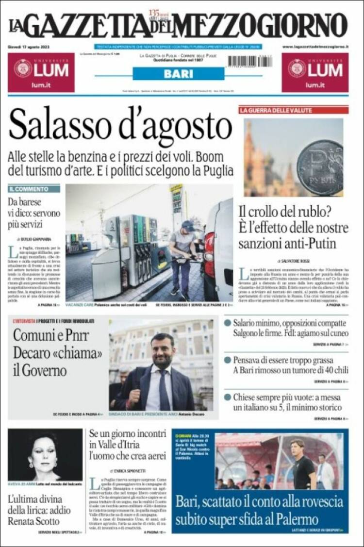 Portada de La Gazzetta del Mezzogiorno (Italia)