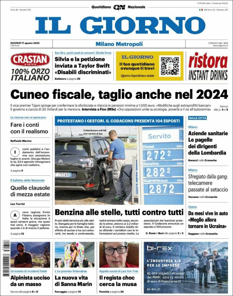 Portada de Il Giorno (Italia)