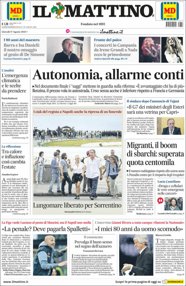 Portada de Il Mattino (Italia)