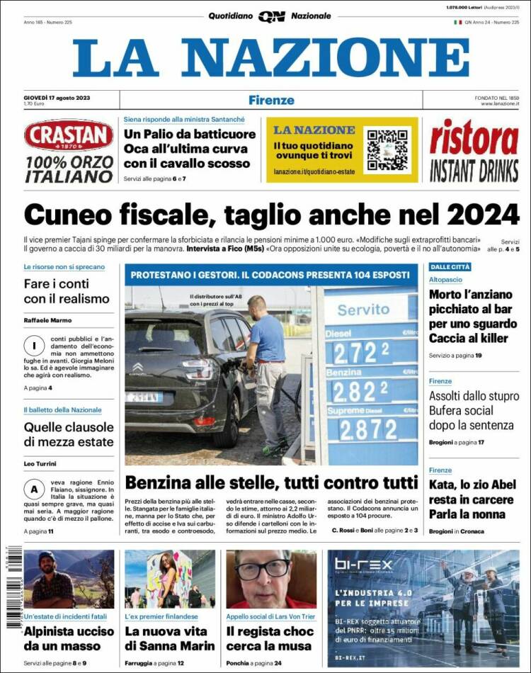 Portada de La Nazione (Italia)